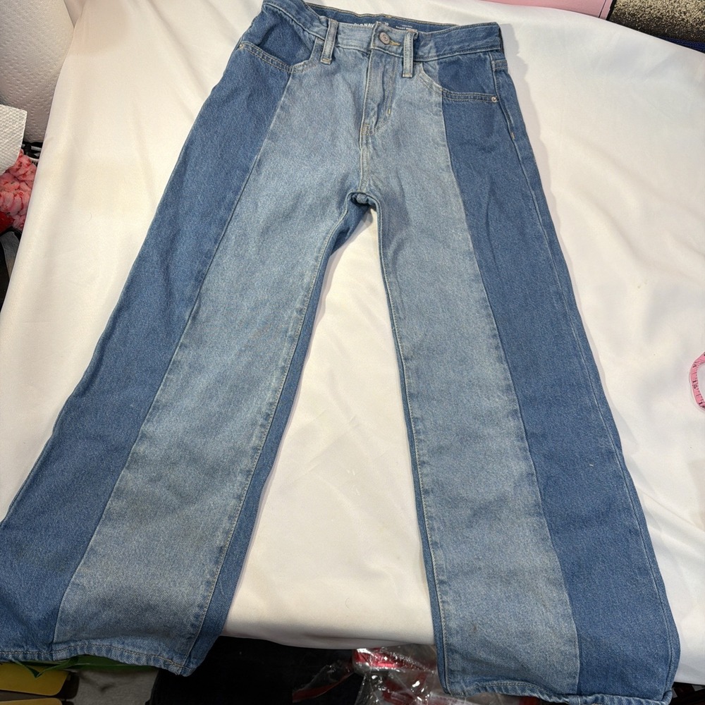 Old Navy High Rise Baggy Flare Adj Waist Girls Size 10 2 Tone Blue Jeans 540